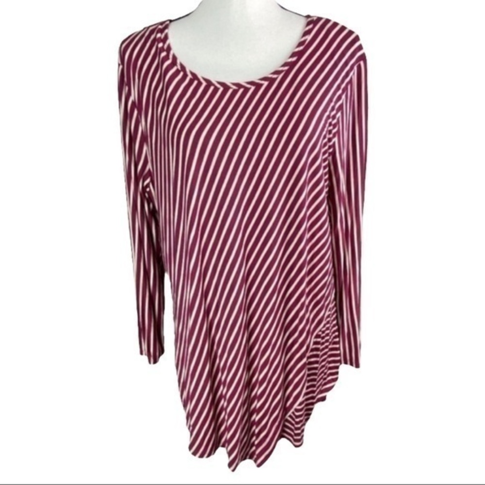 Jaclyn Smith Top Three Quarter Sleeve Asymetric Hem Burgundy and White Striped